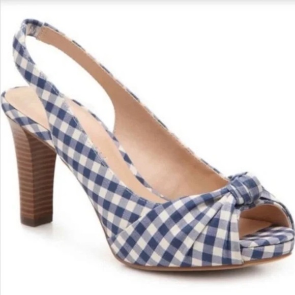 Kelly and Katie Delisa Blue Gingham Open Toe Slingback Heels Size 7.5 - Picture 1 of 13